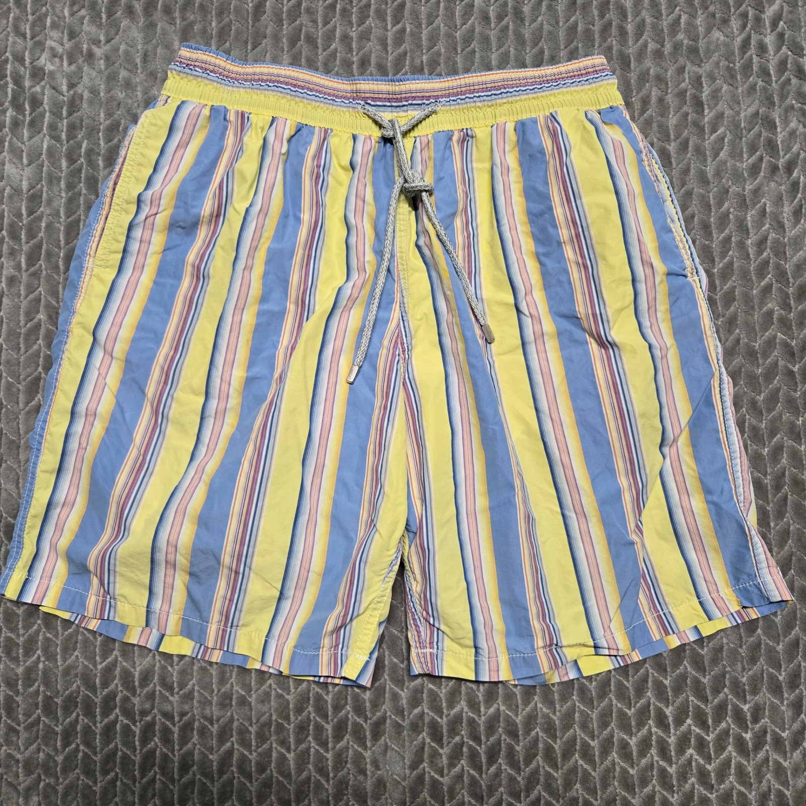 Vilebrequin Mens Xxl Striped Swim Trunks Yellow Blue Cotton Blend Mesh Lined